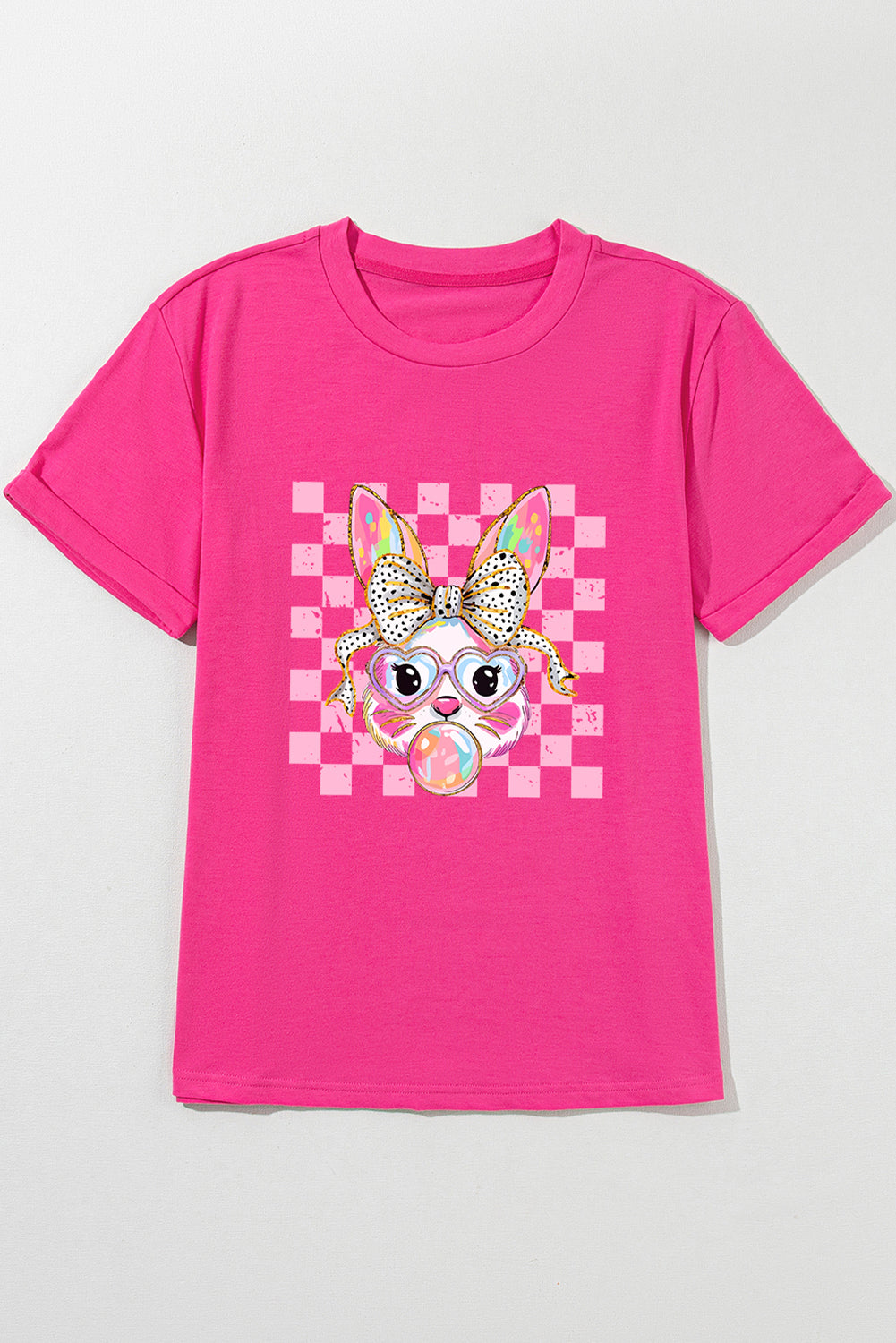 Rose Red Plaid Bubble Gum Rabbit Graphic Easter T-Shirt