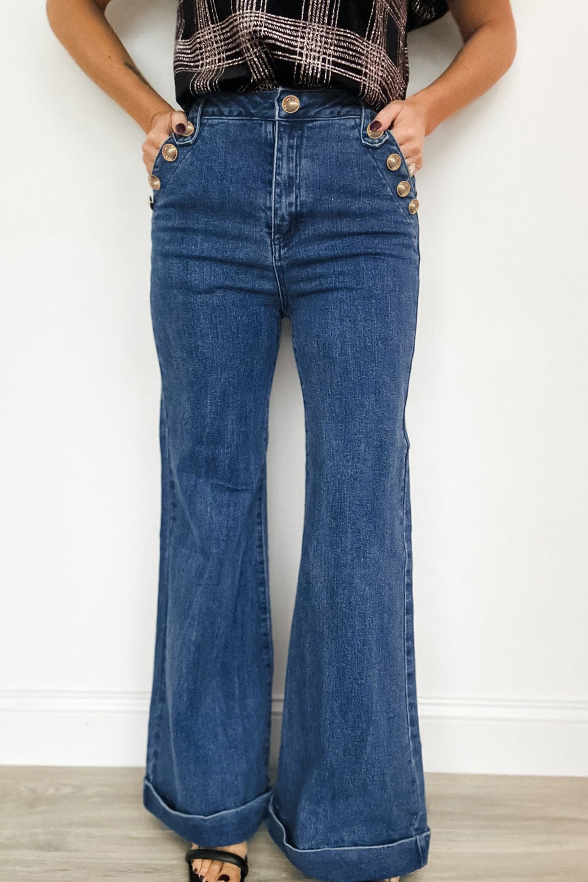 Ashleigh Blue Golden Button Rolled Edge Flare Leg Jeans
