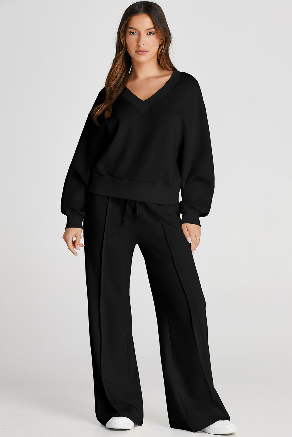 Black V Neck Cropped Seamed High Waist Activewear Set