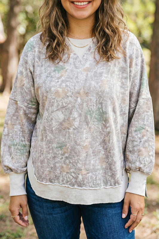 Khaki Camouflage Print Round Neck Plus Size Sweatshirt