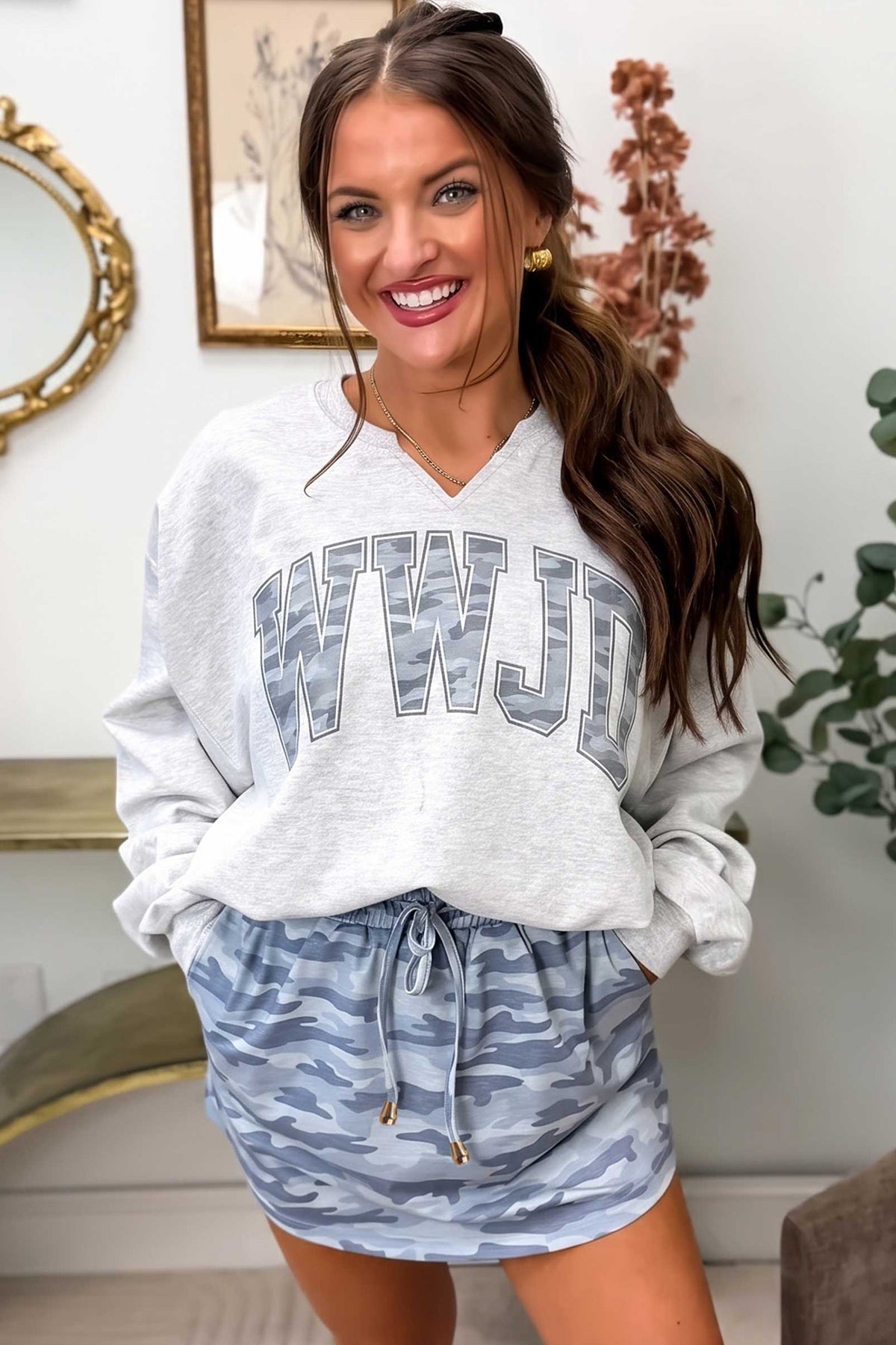 Gray Camo WWJD Top and Skort Set