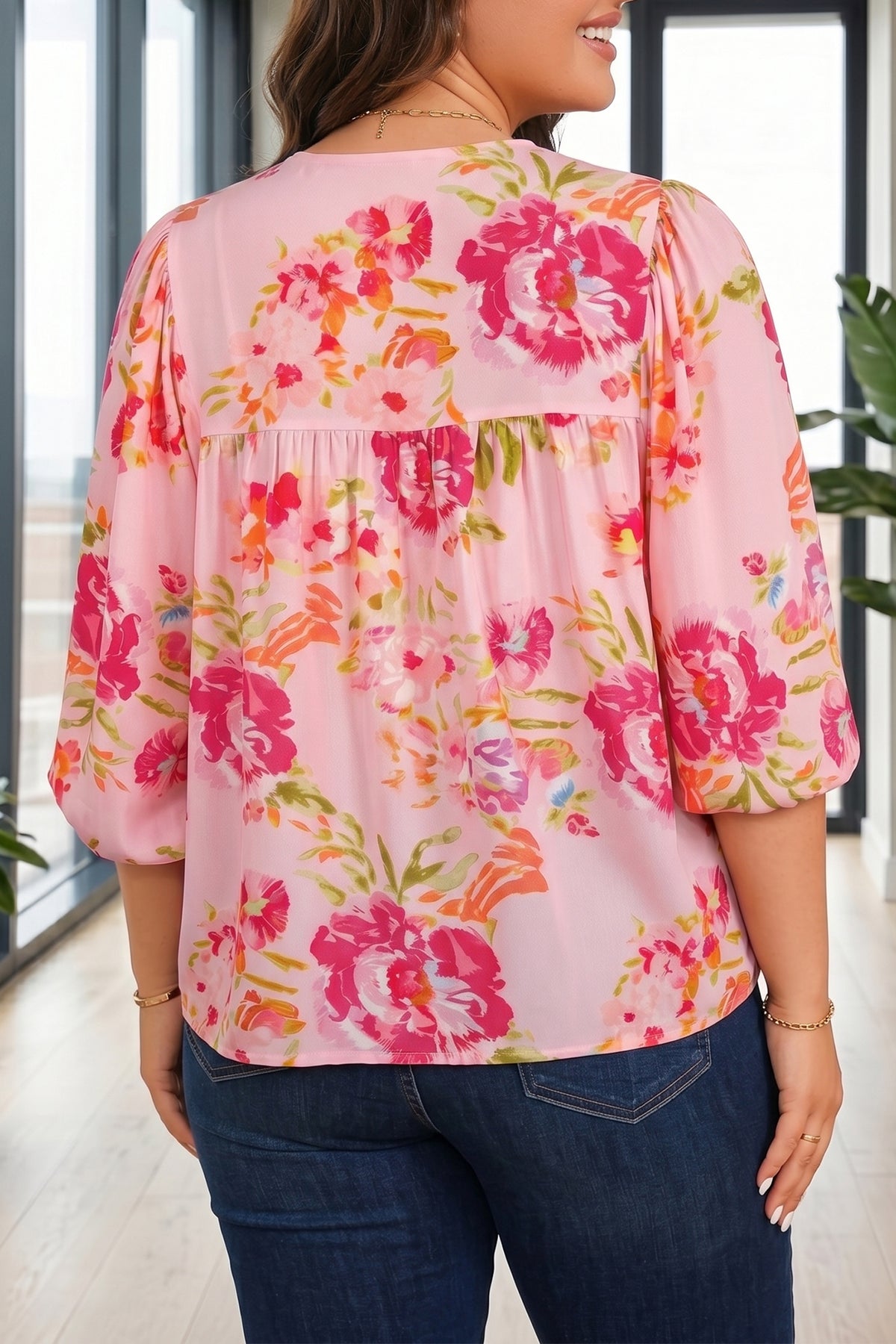 Pink Plus Size Floral Print V-Neck Tie Front Short-Sleeve Tunic Top