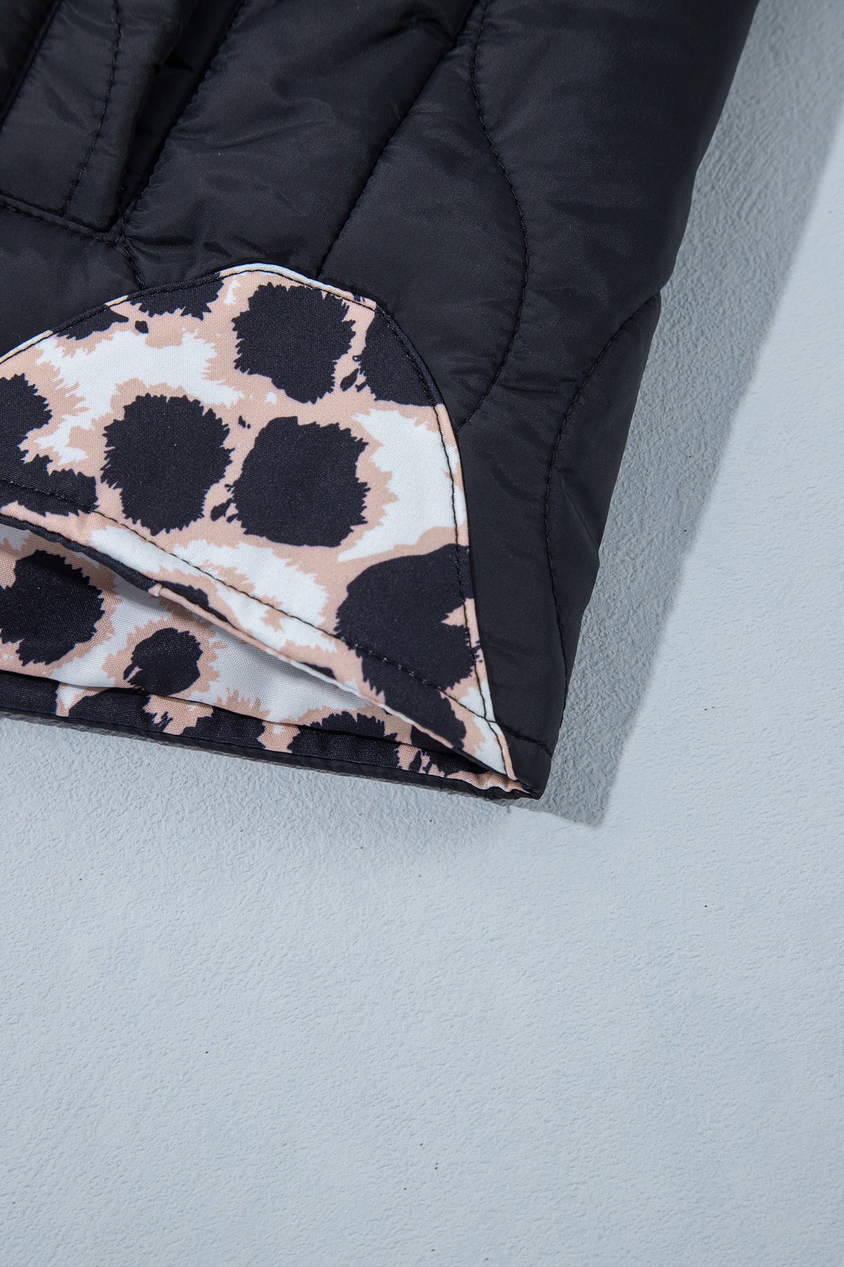 Black Quilted Leopard Cuff Button Down Puffer Jacket