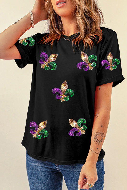 Black Mardi Gras Symbol Patched Crewneck T-Shirt