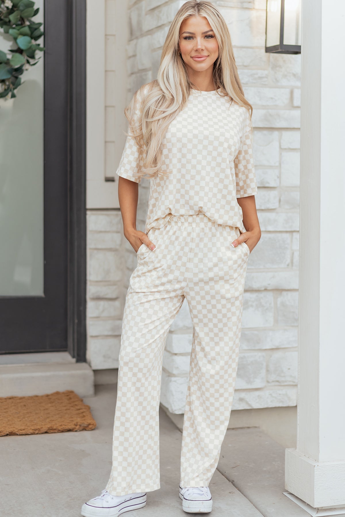 Rose Checkered Print Half Sleeve Tee Lounge Pant Set