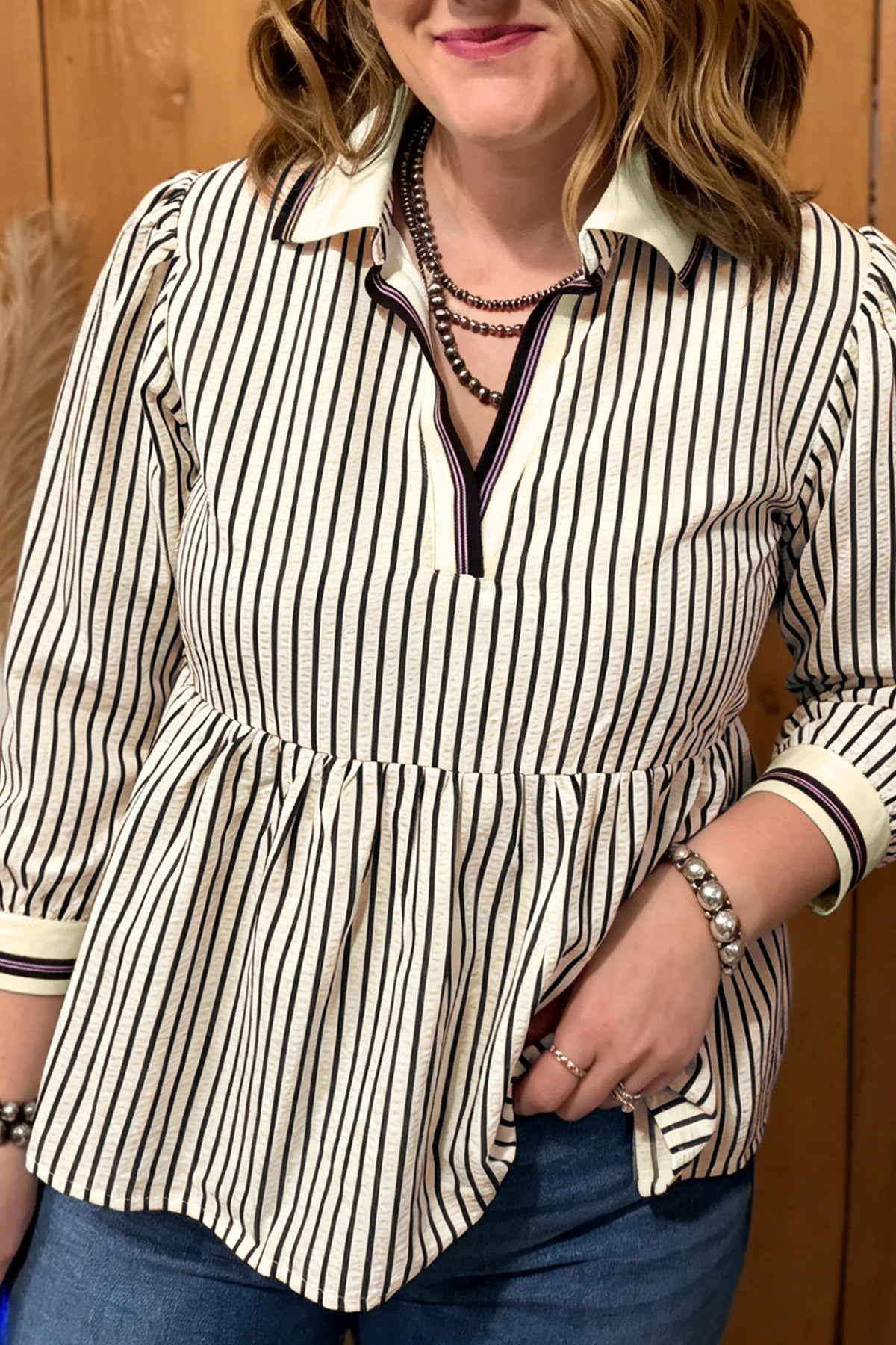 Black Stripe Patchwork Striped V-Neck Tunic Plus Size Blouse