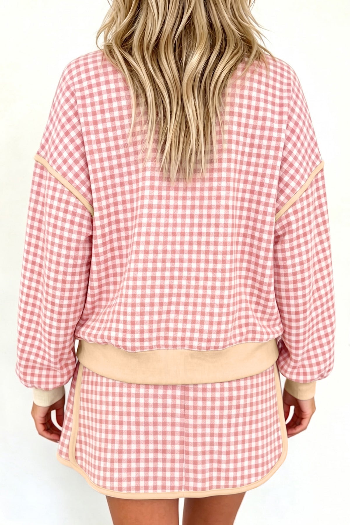 Brown Gingham Oversized Ribbed Crew Neck Long Sleeve Top and Skort Set