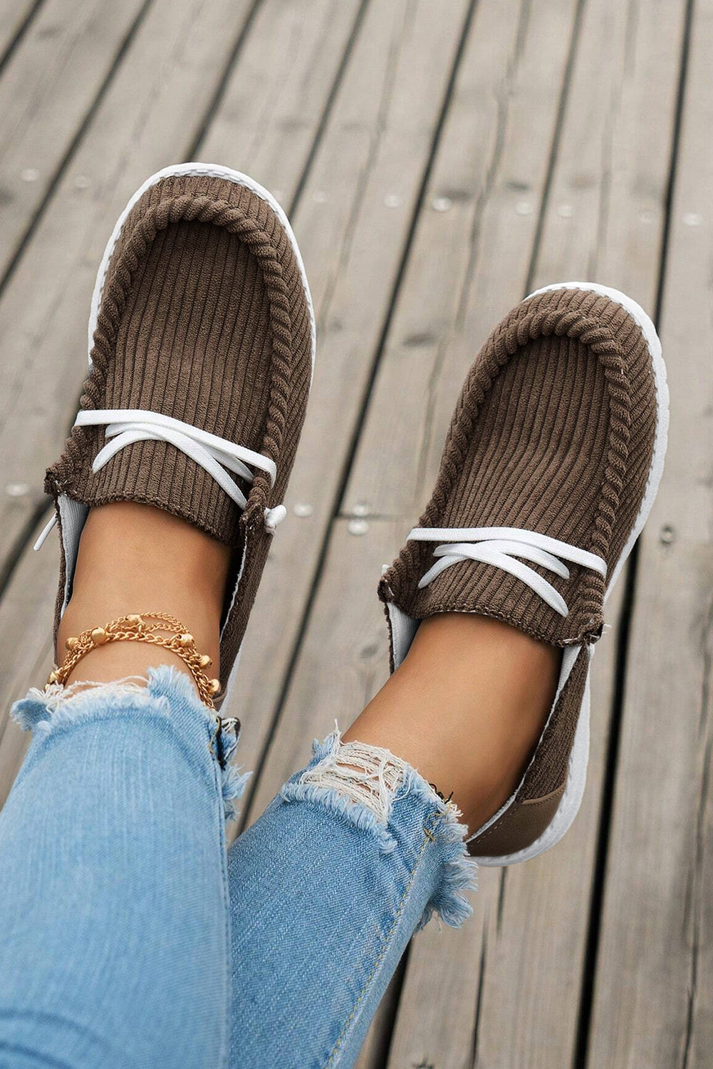 Coffee Solid Ribbed Criss Cross Slip-On Casual Shoes