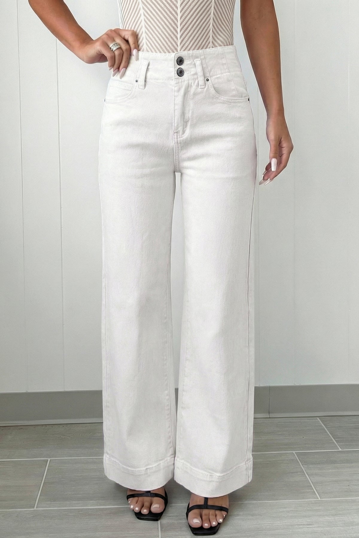 White 2-Button High Waist Wide Leg Jeans
