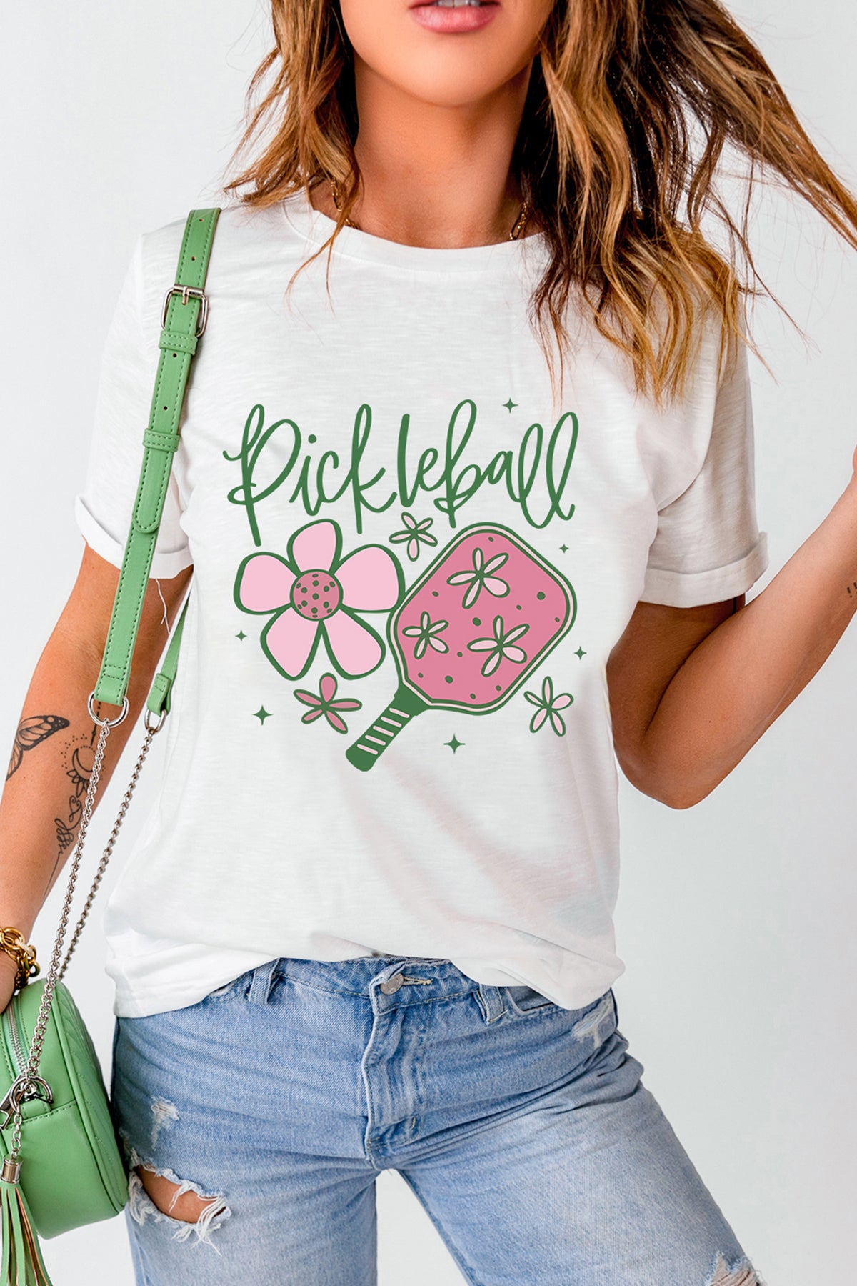 White Pickleball Sweet Flower Printed T-Shirt
