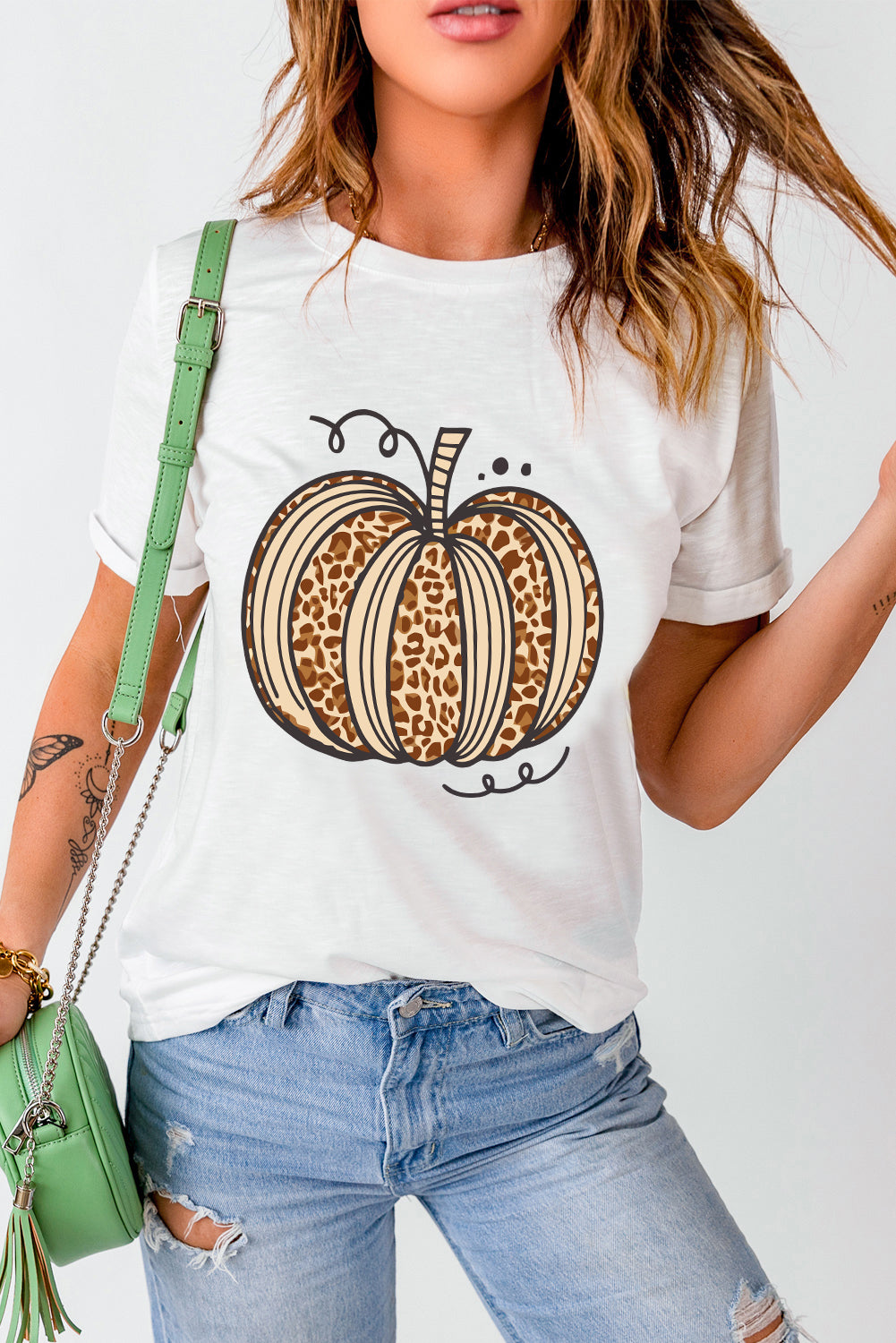 White Leopard Pumpkin Graphic Crewneck Halloween T-Shirt