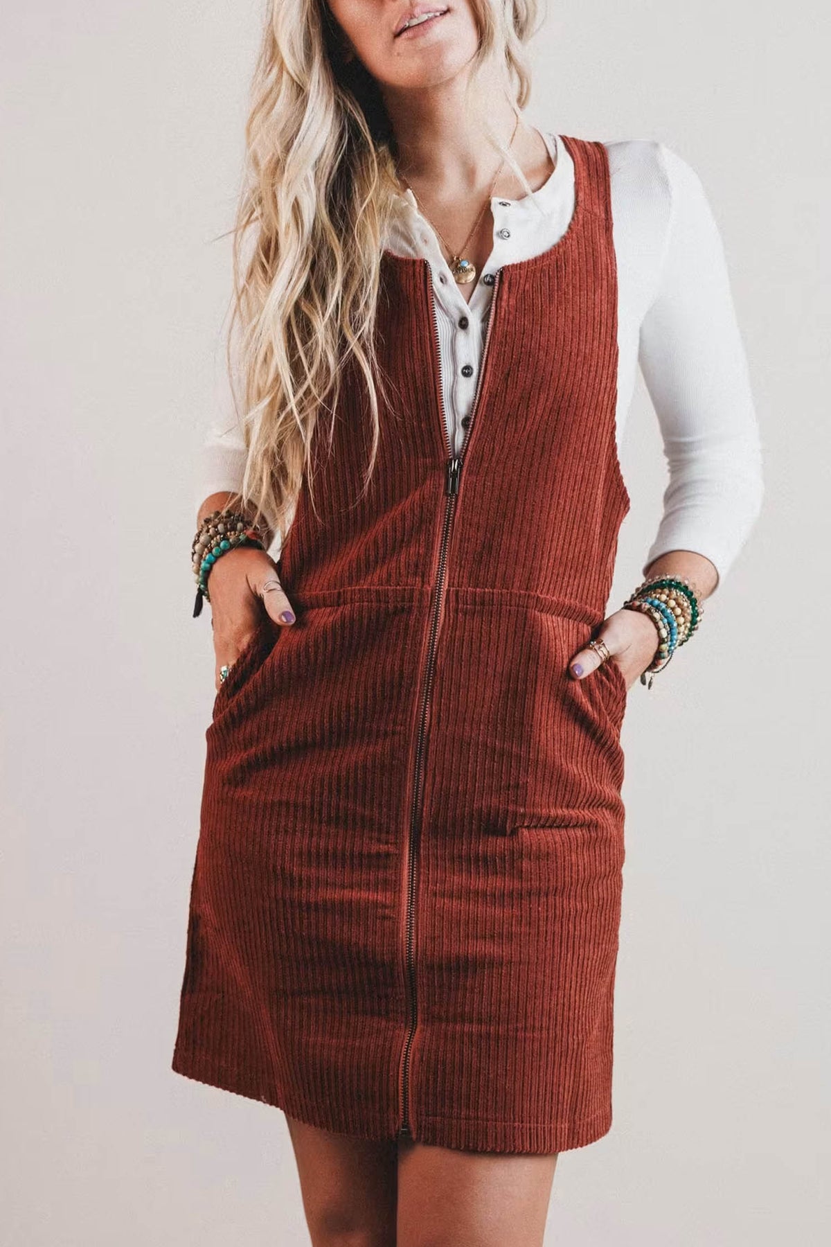 Clay Ribbed Corduroy Zip Up Sleeveless Pocket Sheath Dress