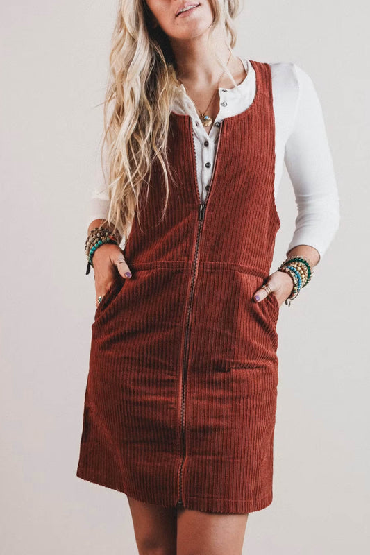 Clay Ribbed Corduroy Zip Up Sleeveless Pocket Sheath Dress