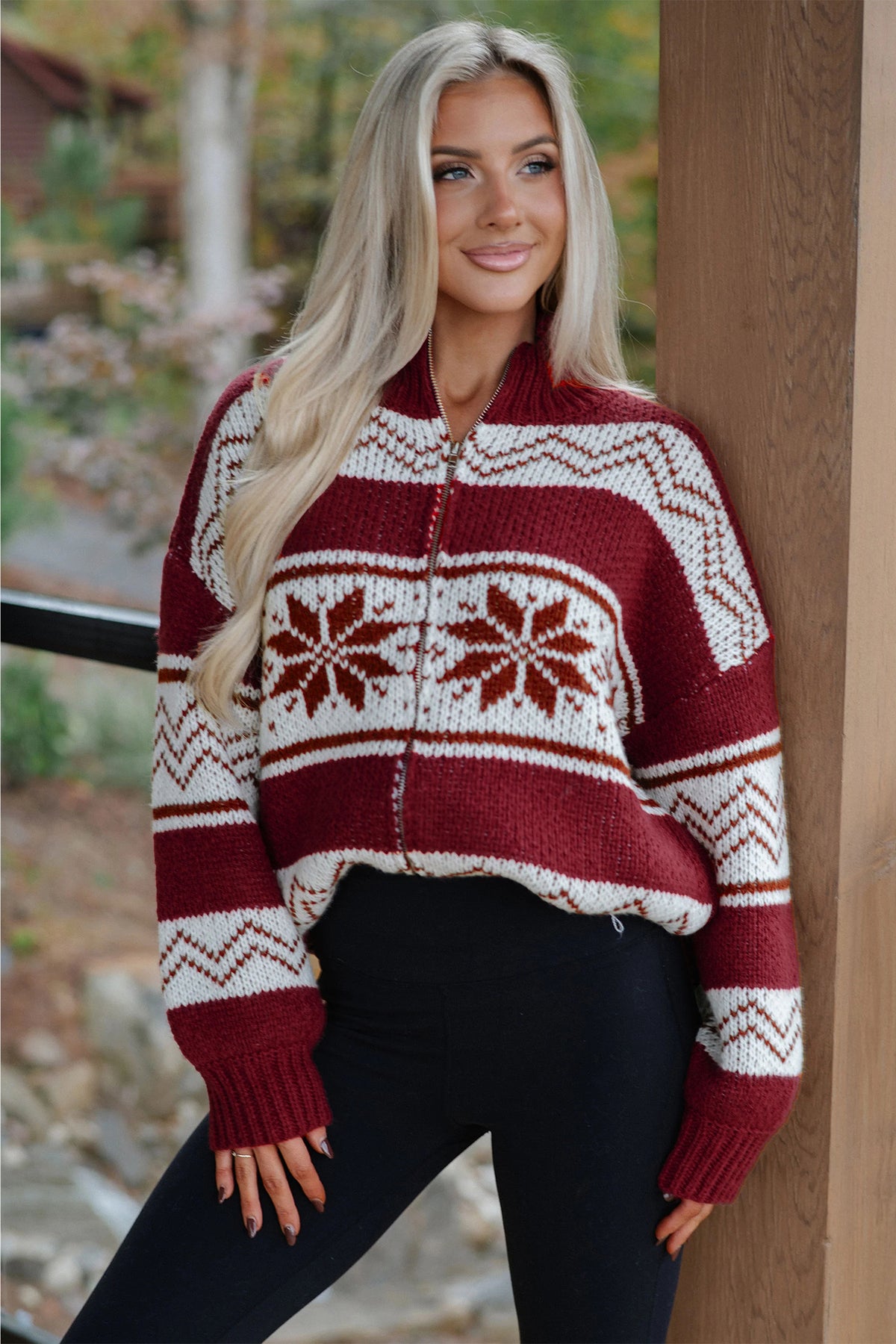 Red Geometric Pattern Zip-Up Knit Long Sleeve Cardigan