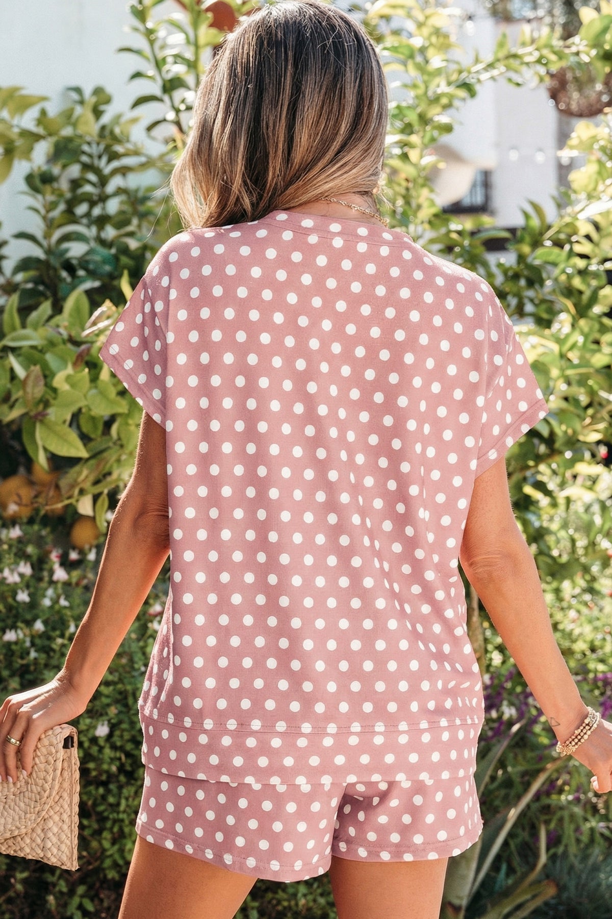 Women's Pink Polka Dot Print Shorts Two-Piece Set