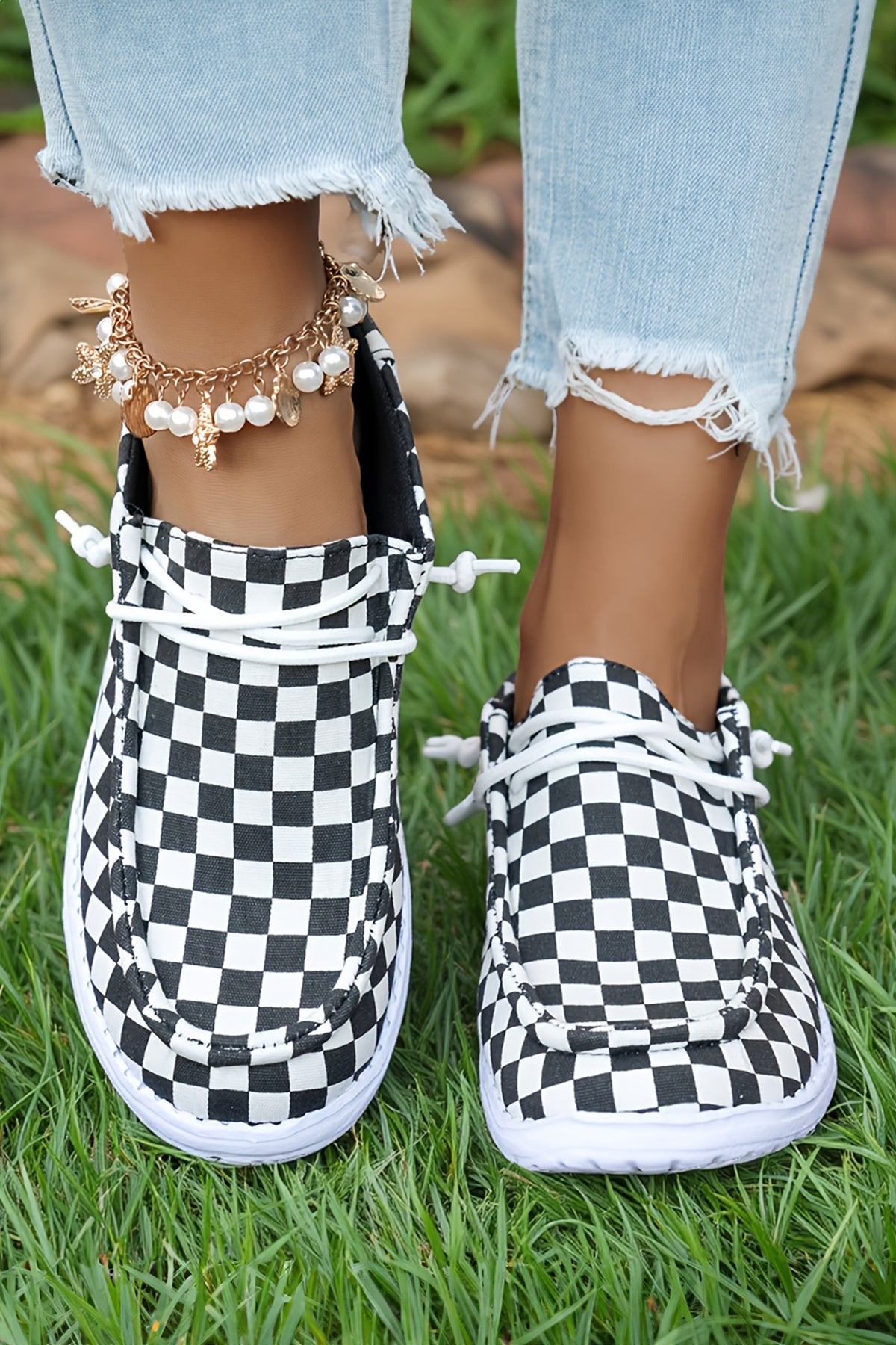 Black Checkered Faux Suede Lace-Up Slip-On Sneakers