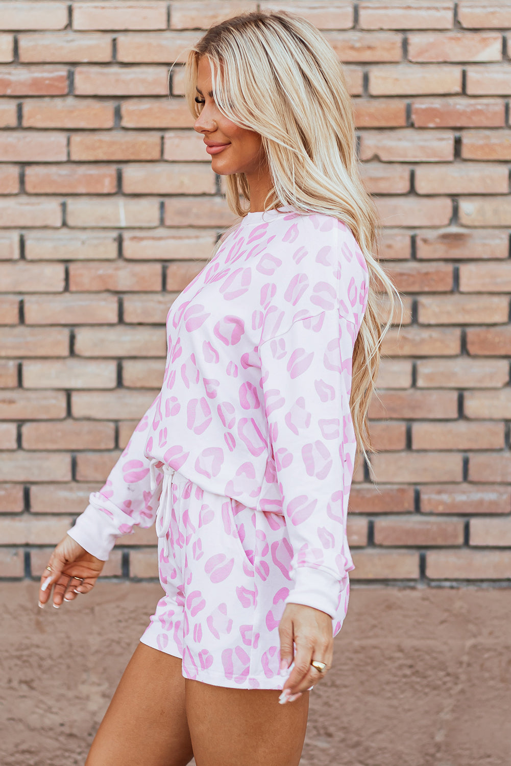 Pink Leopard Animal Print Pullover and Shorts Lounge Set