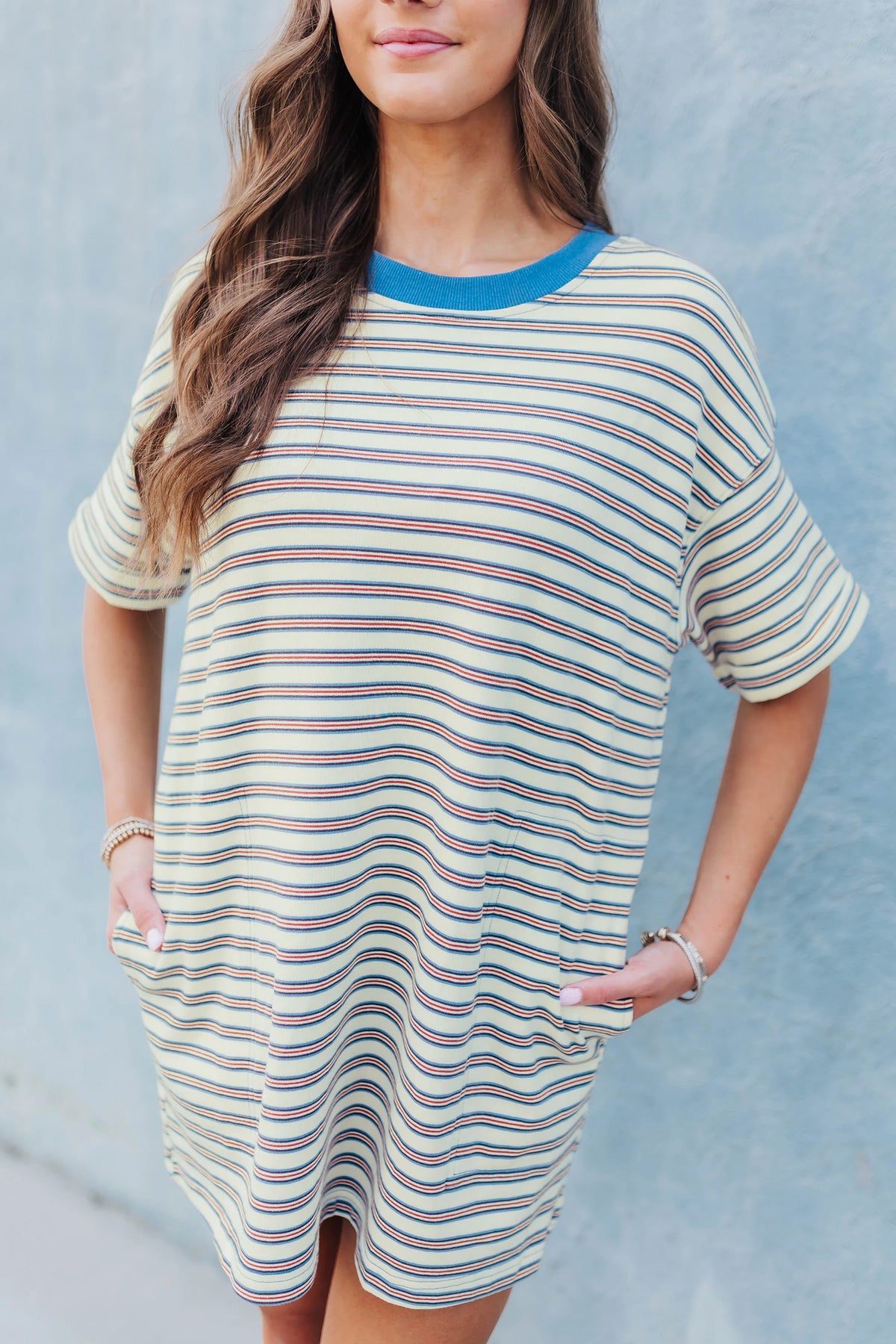 White Stripe Drop Shoulder Cuffed Sleeve Loose Tunic T Shirt Mini Dress