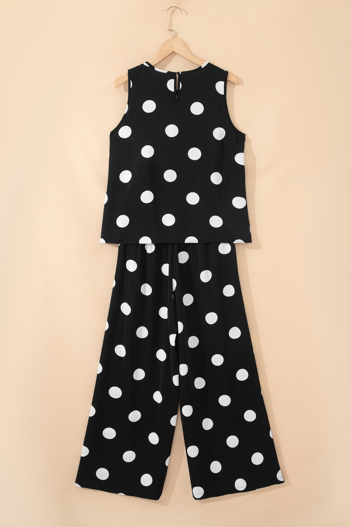 Women's Black Polka Dot Print Pleated Round Neck Tank Casual Wide-Leg Two-Piece Outfit