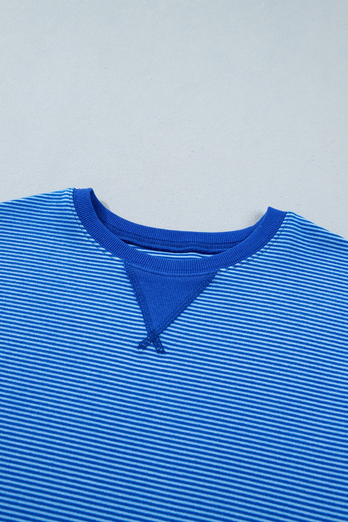 Blue Stripe Ribbed Cuffs Hem Pullover Top