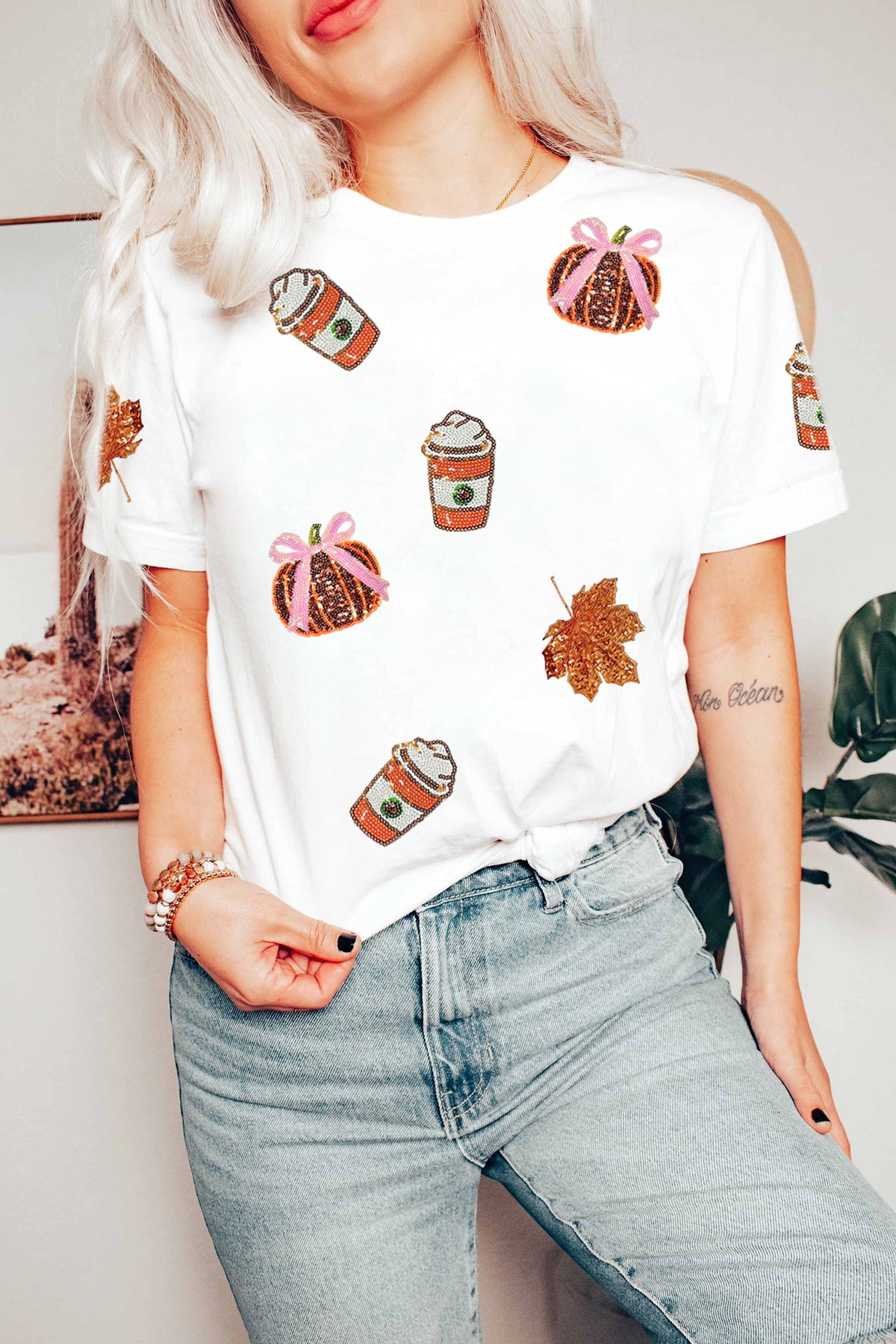White Sequined Pumpkin Fall Graphic Casual Shift T-Shirt