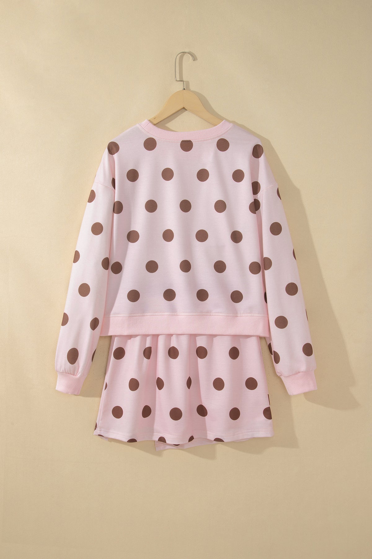 Women's Pink Polka Dot Long-Sleeve Top Split Skort Casual Two-Piece Set