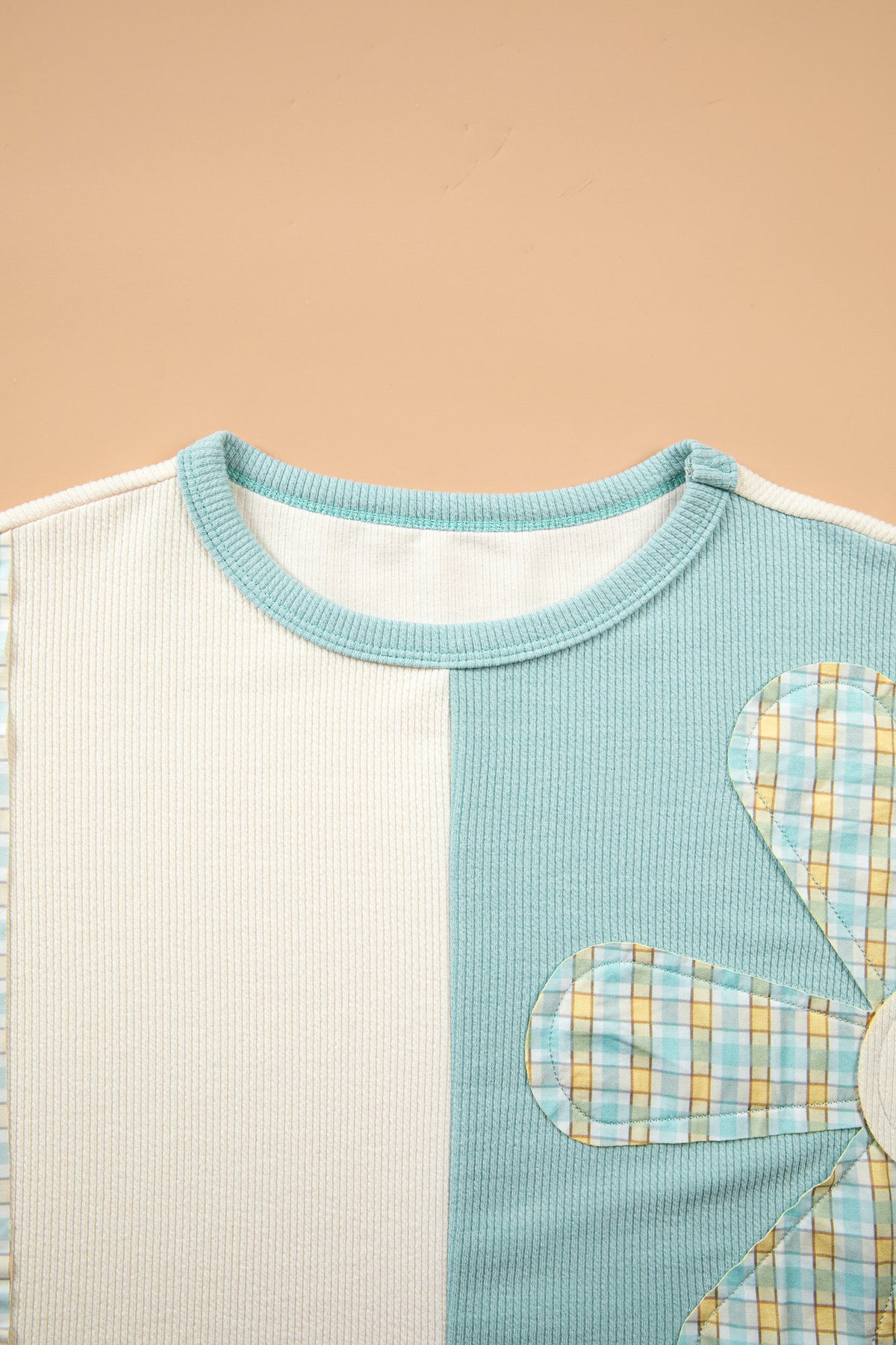 Light Blue Plaid Patchwork Round Neck Top