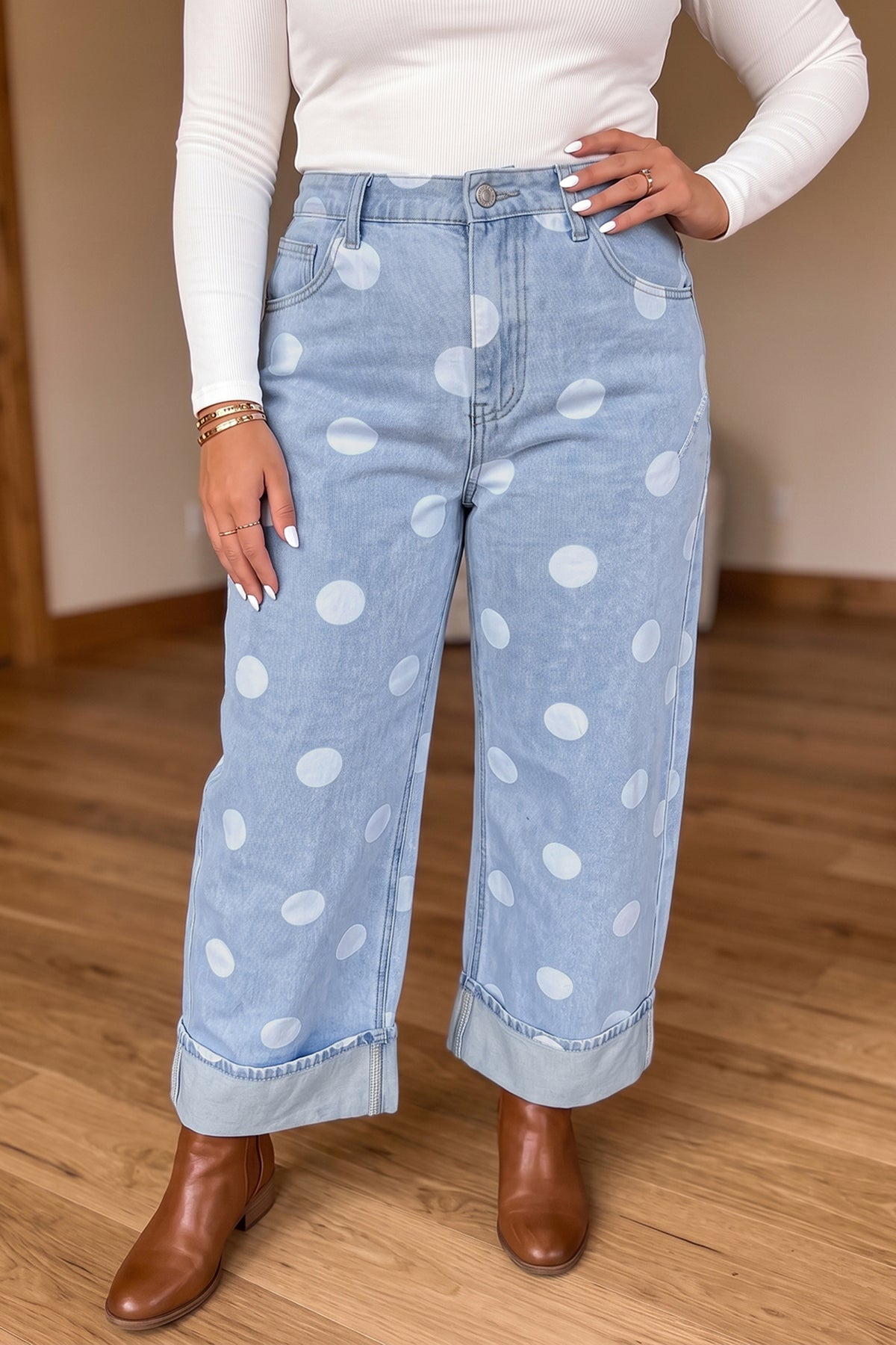 Sky Blue Polka Dot Full-Length Regular-Fit Plus Size Jeans