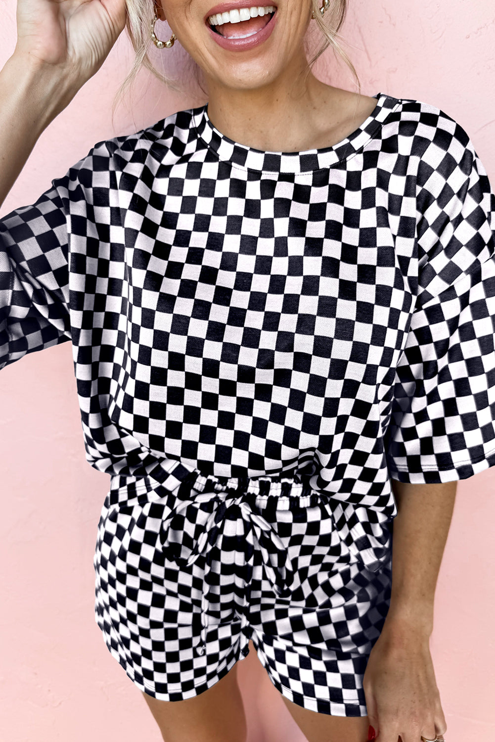 Black Checkered Top and Shorts Casual Lounge Set