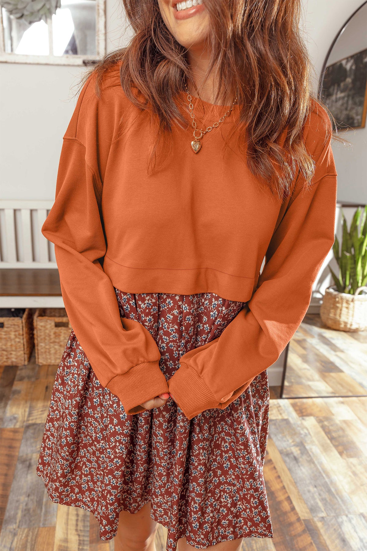 Orange Solid Long Sleeve Top Patchwork Floral Flared 2 in 1 Mini Dress