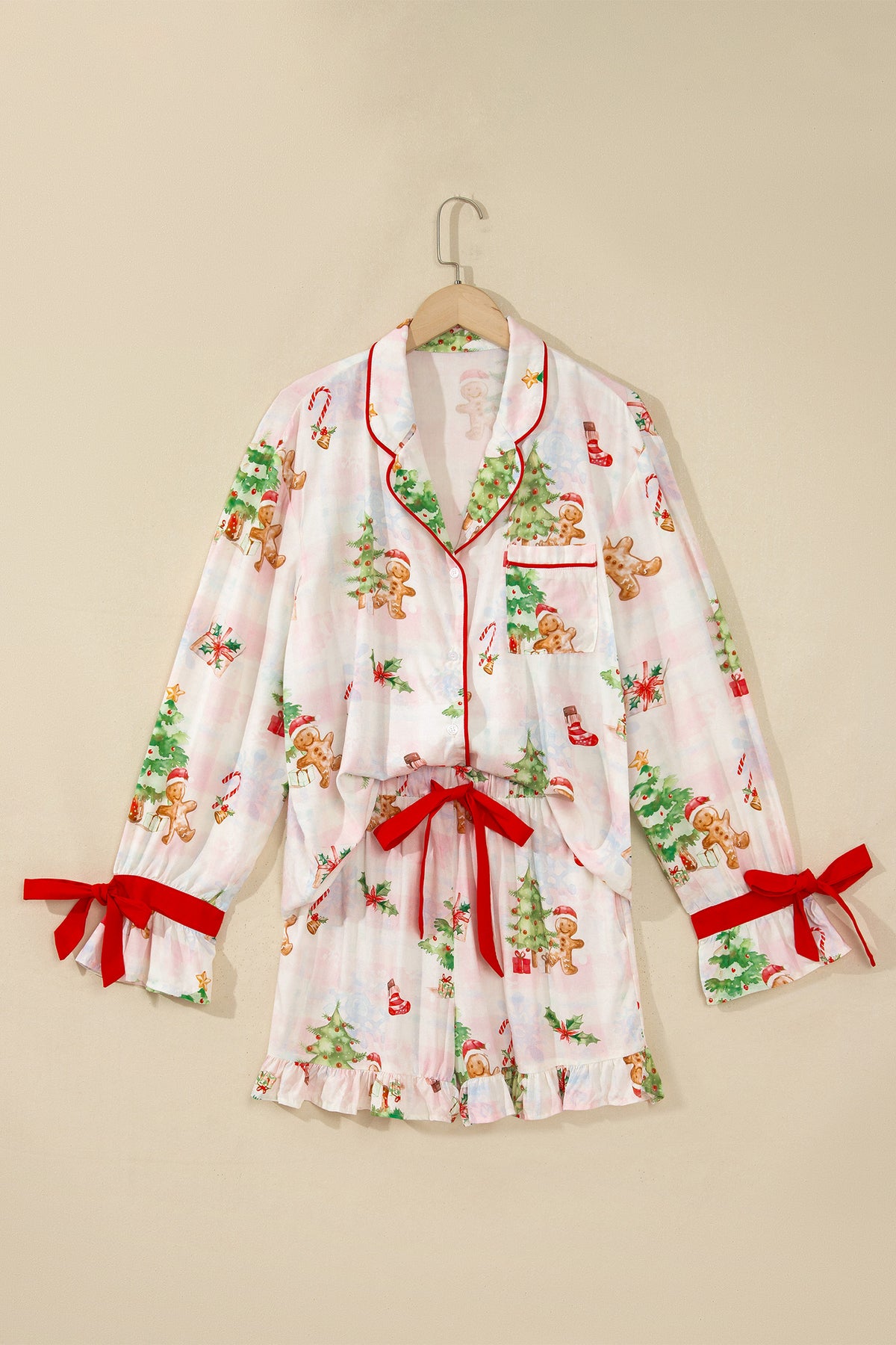 Pink Abstract Christmas Print Long Sleeve Shift Lounge Set