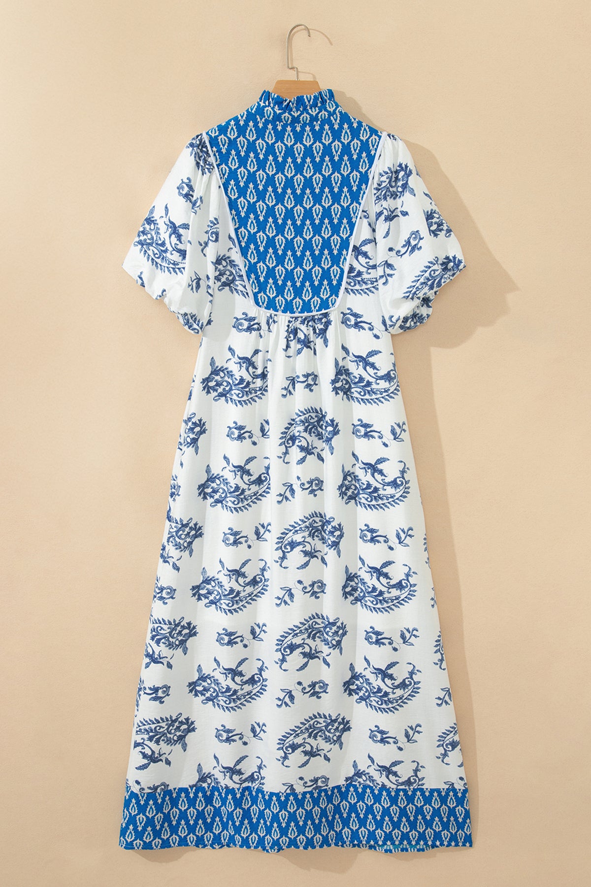 Sky Blue Boho Abstract Print V Neck Tassel Tie Dress