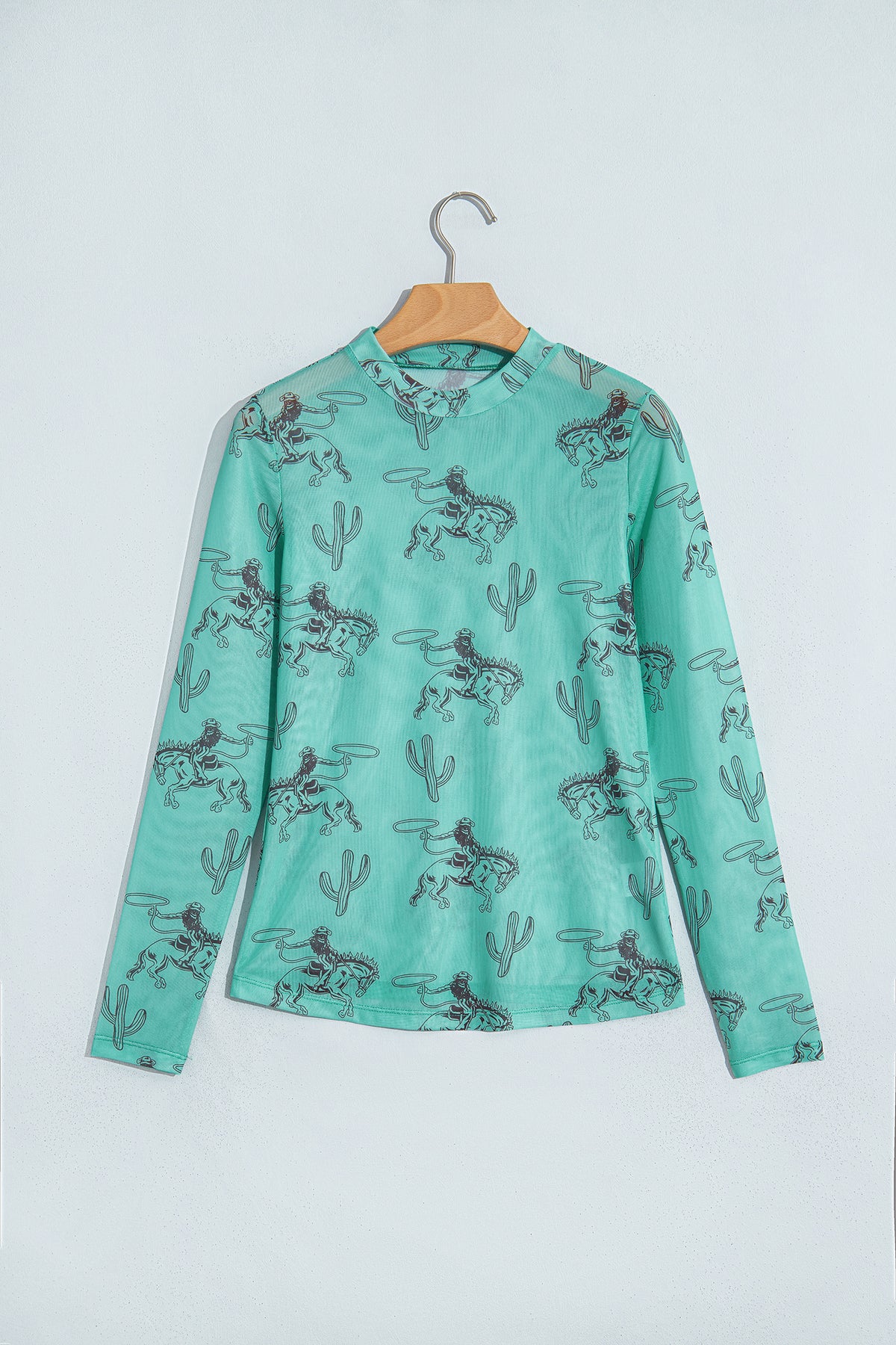 Aruba Blue Western Print High Neck Sheath Mesh Top
