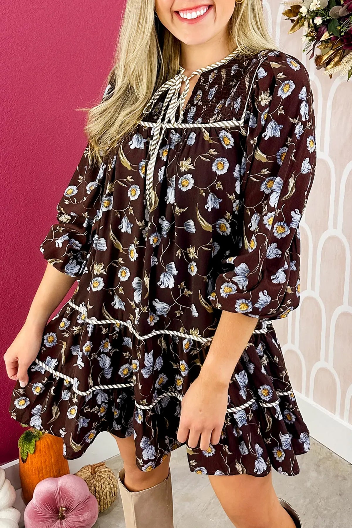 Brown Floral V-Neck Mini Dress