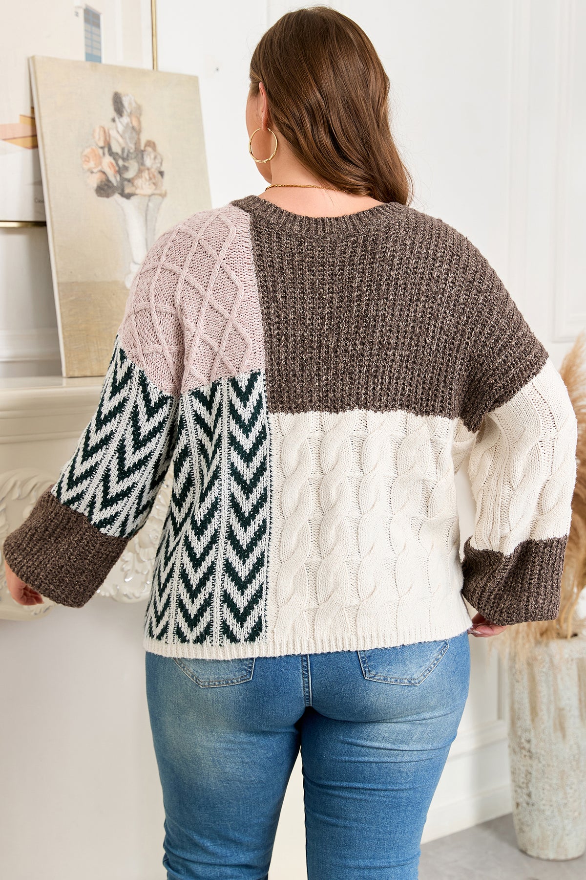 Brown Plus Size Color-Block Patchwork Knotted Back Loose Fit Sweater