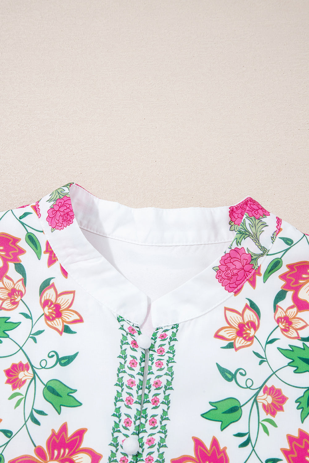 White Floral Print Half Button Mandarin Neck 3/4 Sleeve Maxi Dress