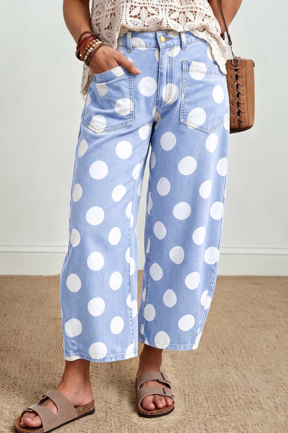 White Polka Dot Ankle Length Barrel Jeans