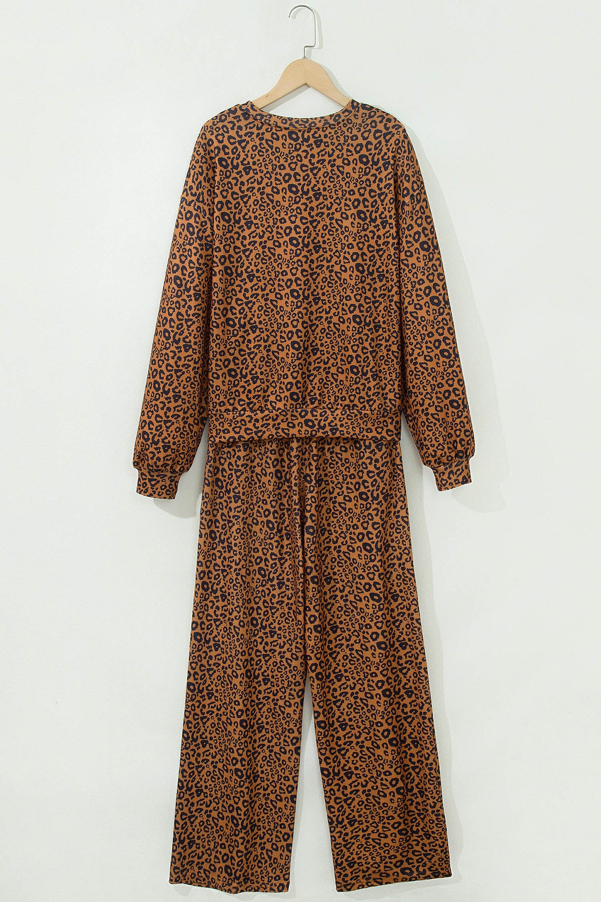 Women's Brown Leopard Print Long-Sleeve Top Relaxed Pants Set