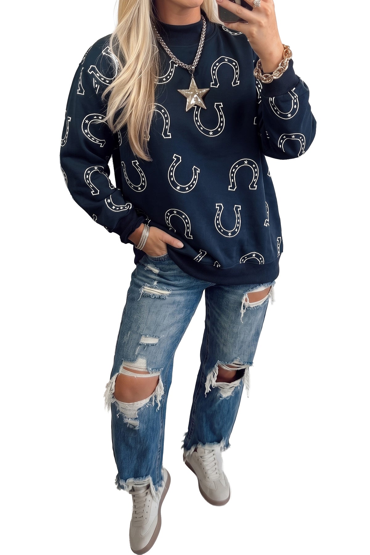 Blue Western Horseshoe Print Mock Neck Sweatshirt