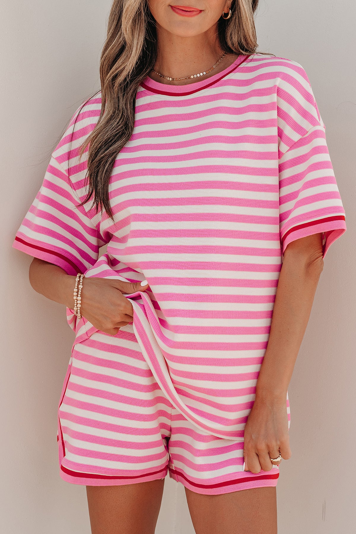 Women's Pink Stripe Contrast Trim Short-Sleeve Top Shorts Two-Piece Outfit Set