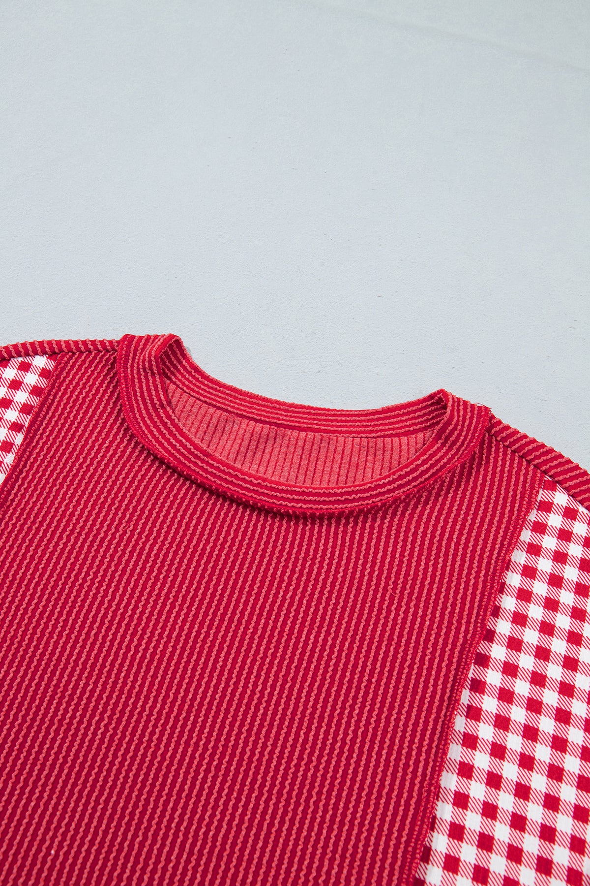 Fiery Red Plaid Colorblock Twist Rib Round Neck Top