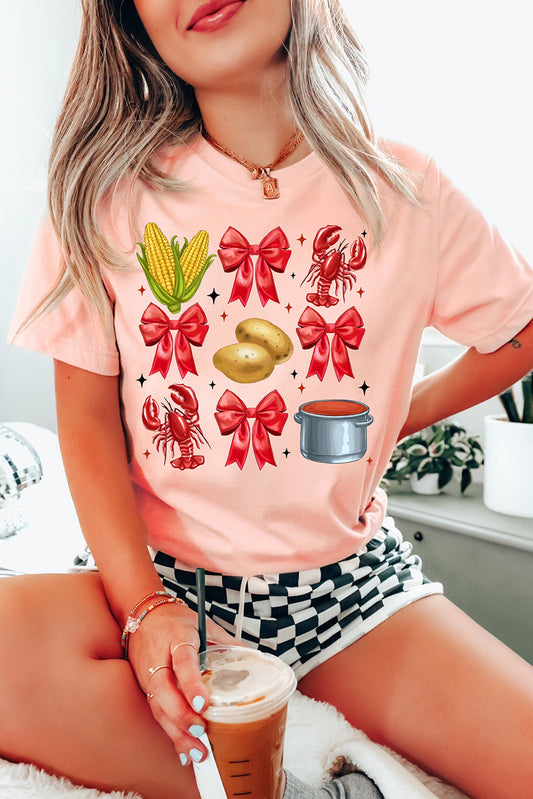 Pink Summer Food Bow Crawfish Printed T-Shirt