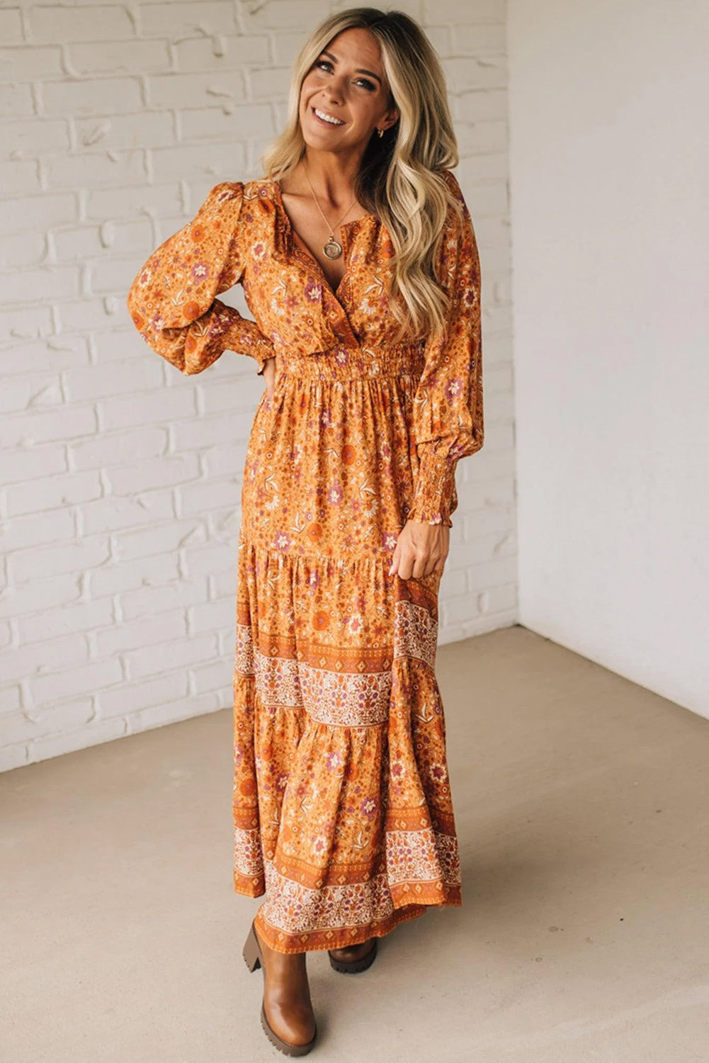 Orange Floral Print Smocked Waist Long Sleeve Boho Maxi Dress