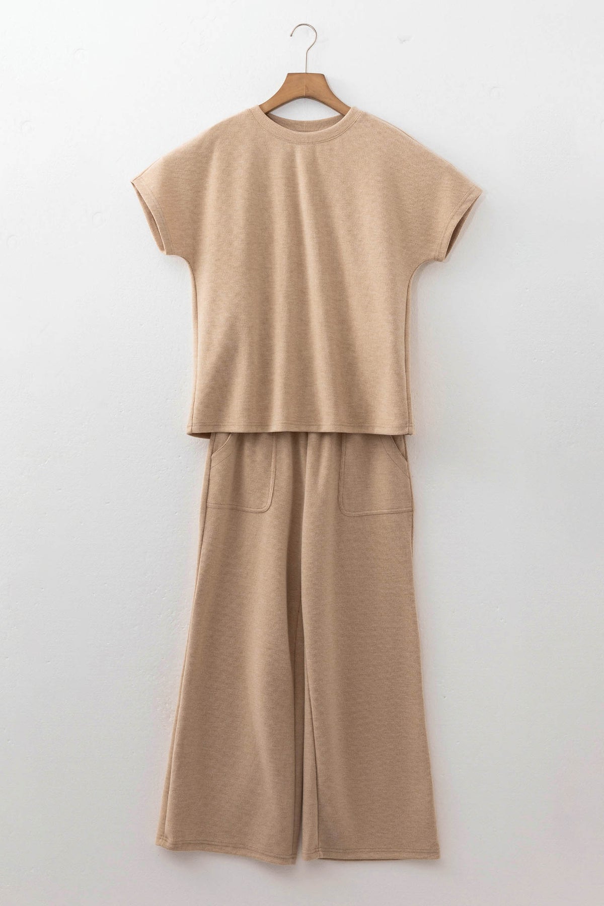 Women's Light French Beige Short-Sleeve Ribbed Top Casual Pants Two-Piece Set