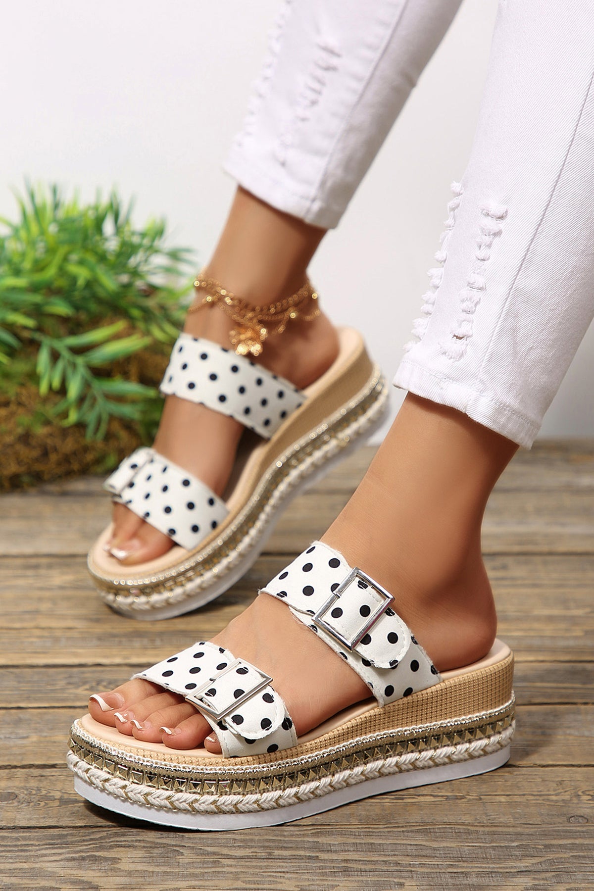 White Polka Dot Pattern Double Buckle Straps Hollow Out Platform Sandals