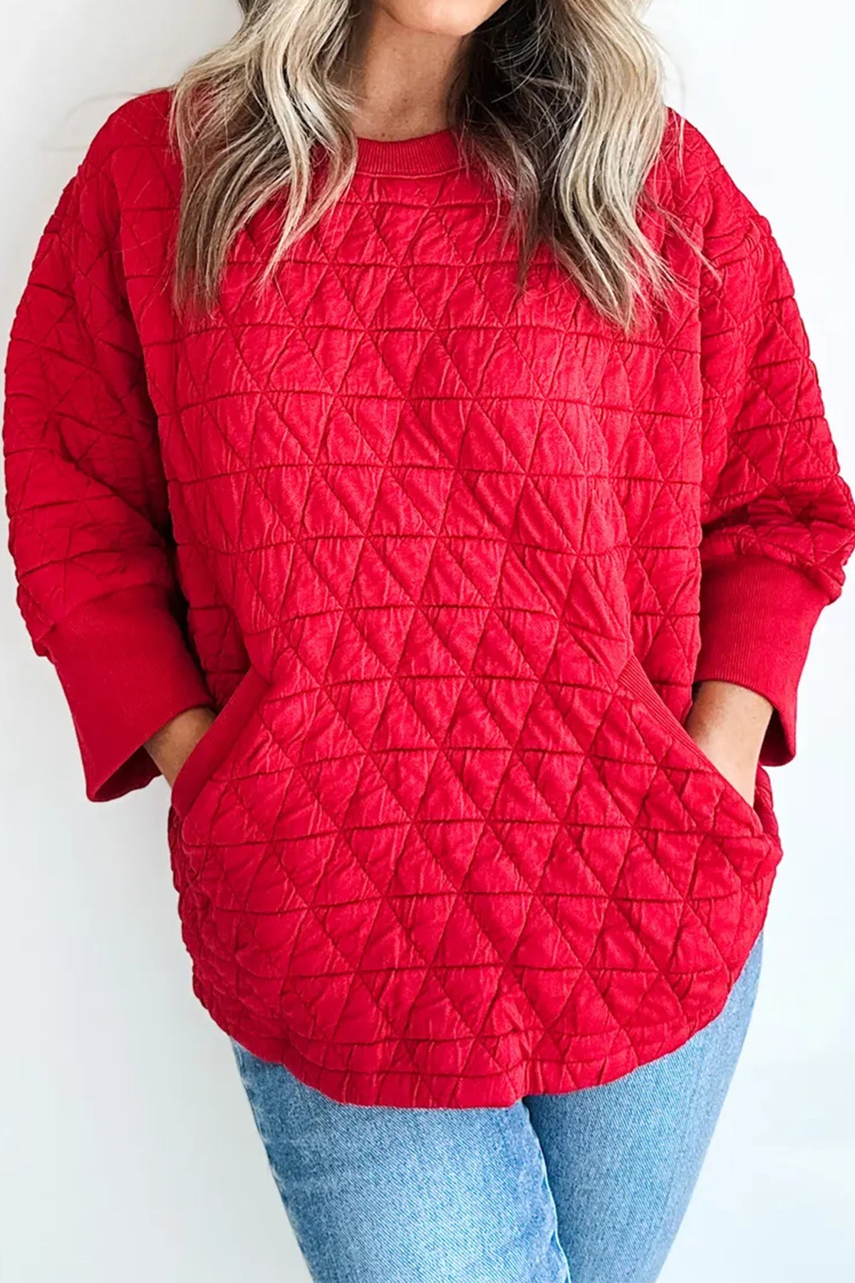 Fiery Red Quilted Diamond 3/4 Sleeve Pocket Top