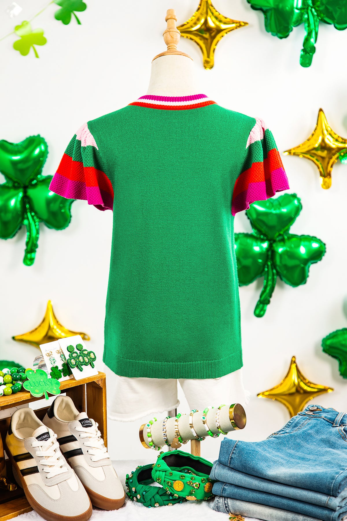 Bright Green Shiny Lucky Striped Flutter Sleeve Round Neck Sweater