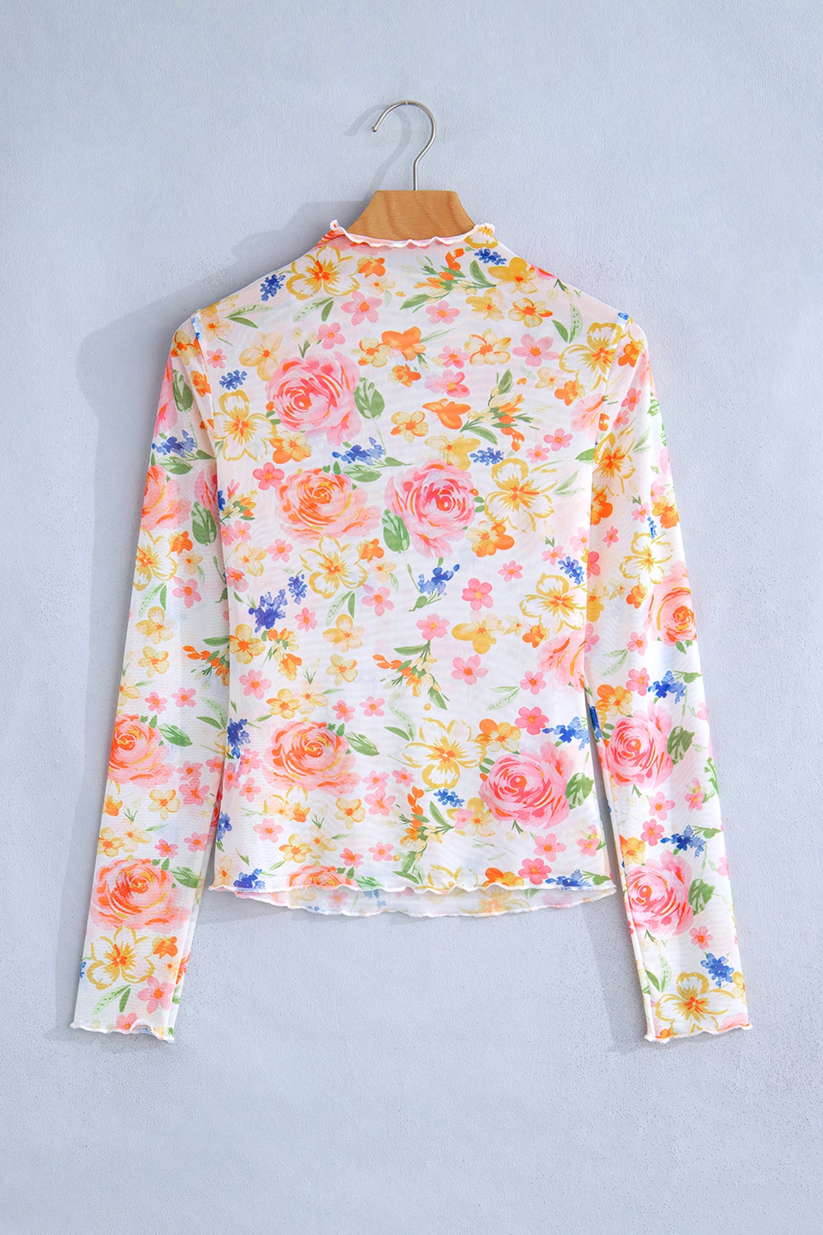 White Lettuce Trim Floral Print Sheer Mesh Top