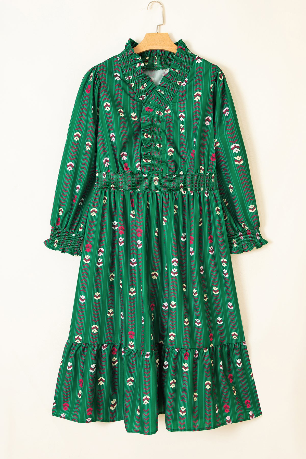 Green Floral Print V-Neck Long-Sleeve Shift Plus Size Dress