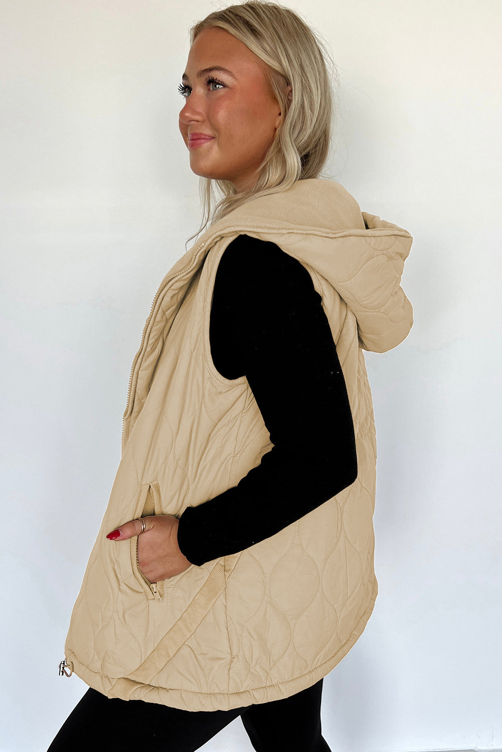 Pale Khaki Quilted Padded Winter Jacket Vest with Fleece Lining
